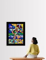 This image is a colorful, abstract artwork featuring a martini glass, hearts, and various geometric shapes. The background includes patterns like polka dots, stripes, and stars. Bright colors such as blue, green, yellow, red, and pink are used, with additional splashes of paint and dynamic shapes adding a lively touch to the art piece.  mixed media original Romero Britto art Pop Art flowers martini art