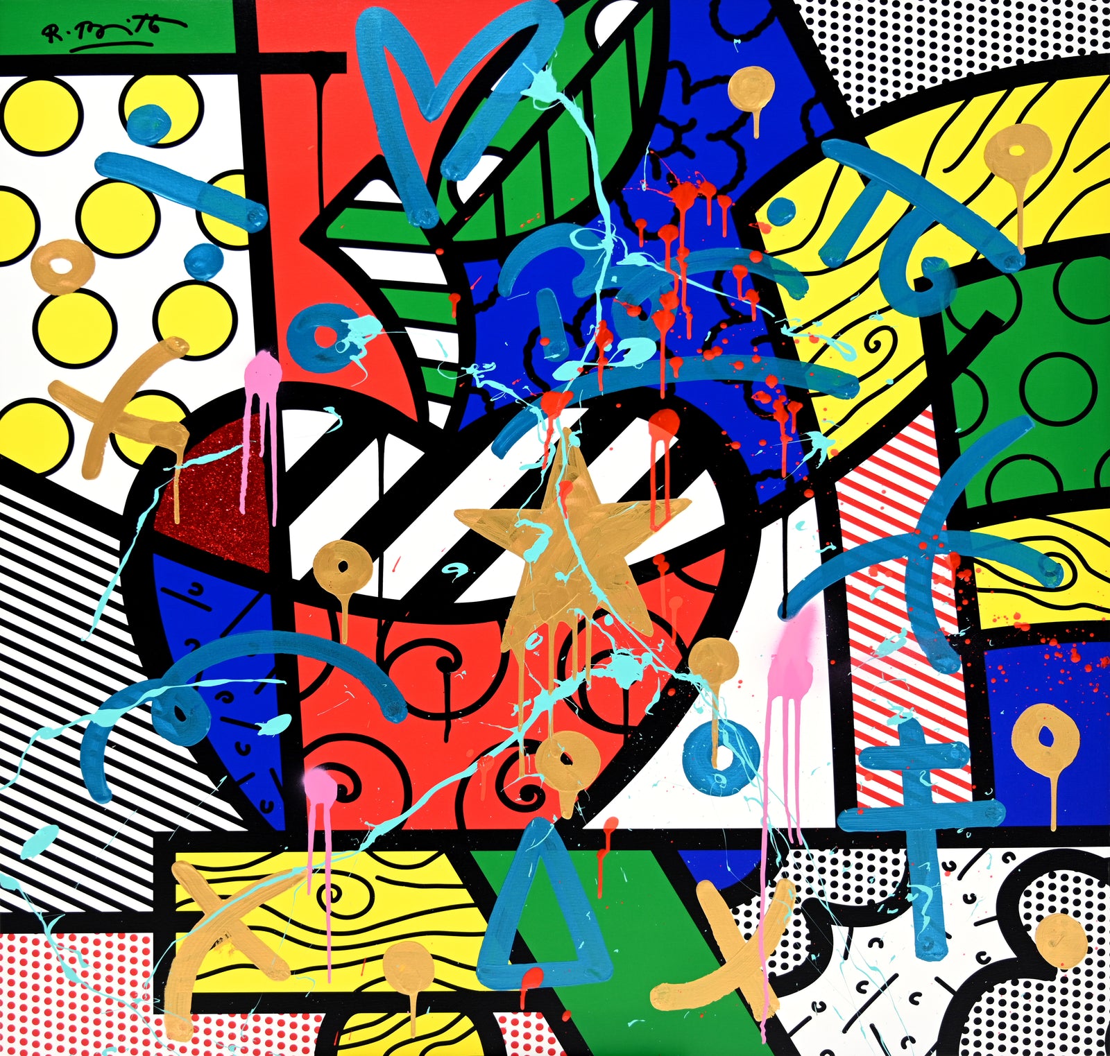 This image is a colorful, abstract artwork featuring a large apple with a gold star in the center. The background includes patterns like polka dots, stripes, and various shapes. Bright colors such as red, blue, green, yellow, and pink are used, with additional splashes of paint and dynamic elements adding a lively touch to the piece.  mixed media original Romero Britto art Pop Art Apple stars pink fruit fruit art