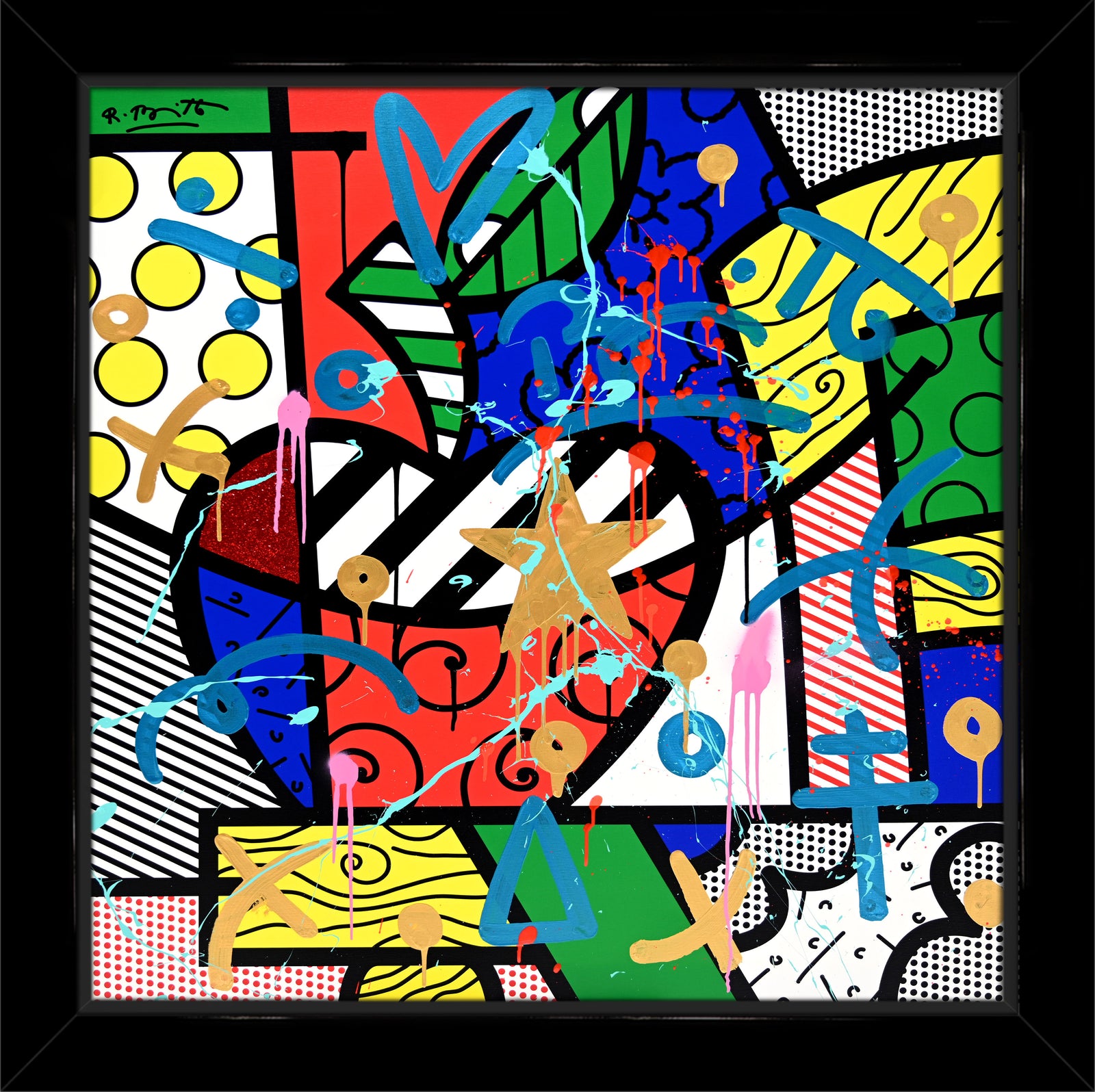 This image is a colorful, abstract artwork featuring a large apple with a gold star in the center. The background includes patterns like polka dots, stripes, and various shapes. Bright colors such as red, blue, green, yellow, and pink are used, with additional splashes of paint and dynamic elements adding a lively touch to the piece.  mixed media original Romero Britto art Pop Art Apple stars pink fruit fruit art