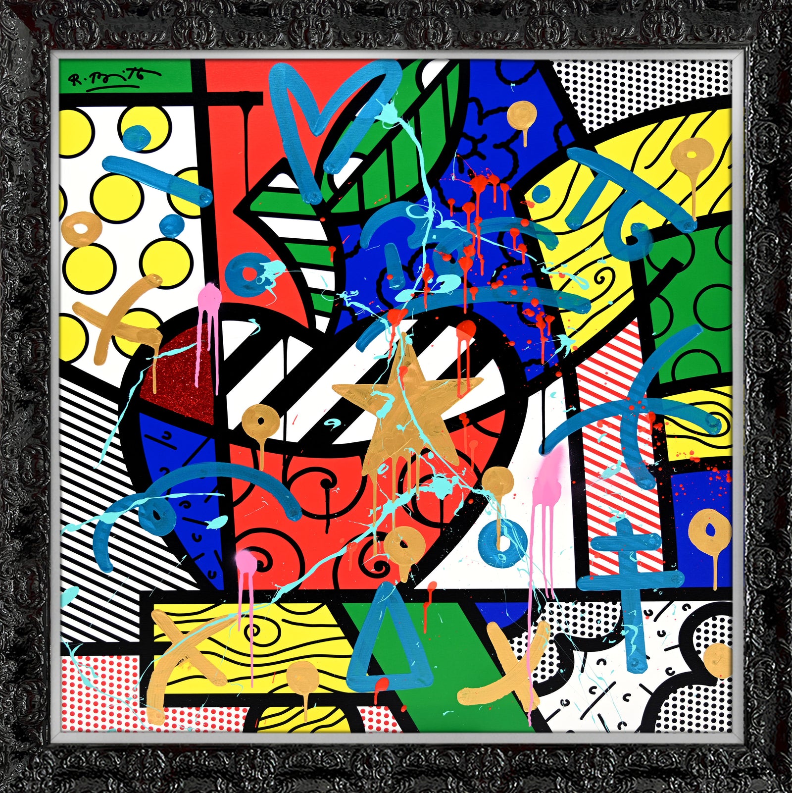 This image is a colorful, abstract artwork featuring a large apple with a gold star in the center. The background includes patterns like polka dots, stripes, and various shapes. Bright colors such as red, blue, green, yellow, and pink are used, with additional splashes of paint and dynamic elements adding a lively touch to the piece.  mixed media original Romero Britto art Pop Art Apple stars pink fruit fruit art