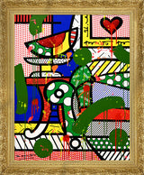   This image is a colorful, abstract artwork featuring a piece of a living room. The background includes deep blue wall, a stripped and polka dot background. Bright colors such as blue, green, yellow, red, are used, with additional splashes of , pink, orange, and yellow paint adding a lively touch to the art piece.   mixed media original Romero Britto art Pop Art home couch heart