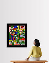   This image is a colorful, abstract artwork featuring a piece of a living room. The background includes deep blue wall, a stripped and polka dot background. Bright colors such as blue, green, yellow, red, are used, with additional splashes of , pink, orange, and yellow paint adding a lively touch to the art piece.   mixed media original Romero Britto art Pop Art home couch heart