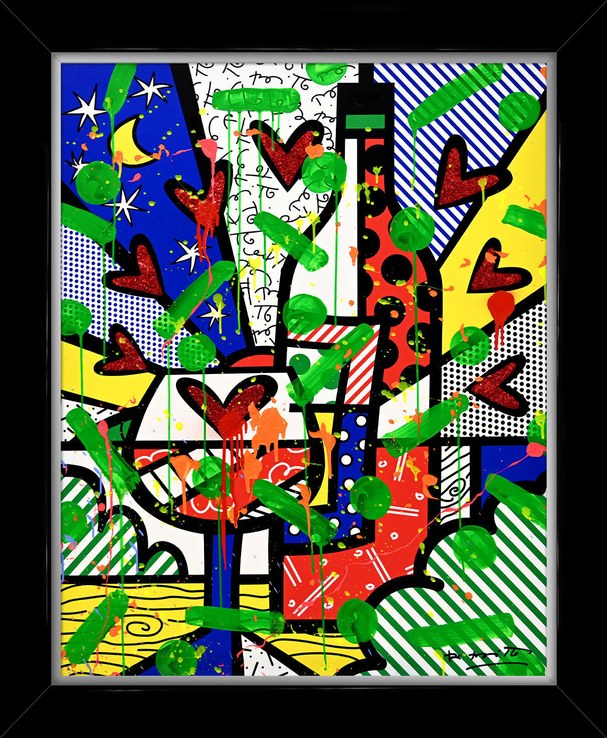 This image is a colorful, abstract artwork featuring bottles and hearts. The background includes patterns like stripes, polka dots, and starry elements. Bright colors such as red, blue, yellow, and green are used, with splashes of green and orange paint adding a dynamic touch.  mixed media original Romero Britto art Pop Art wine art