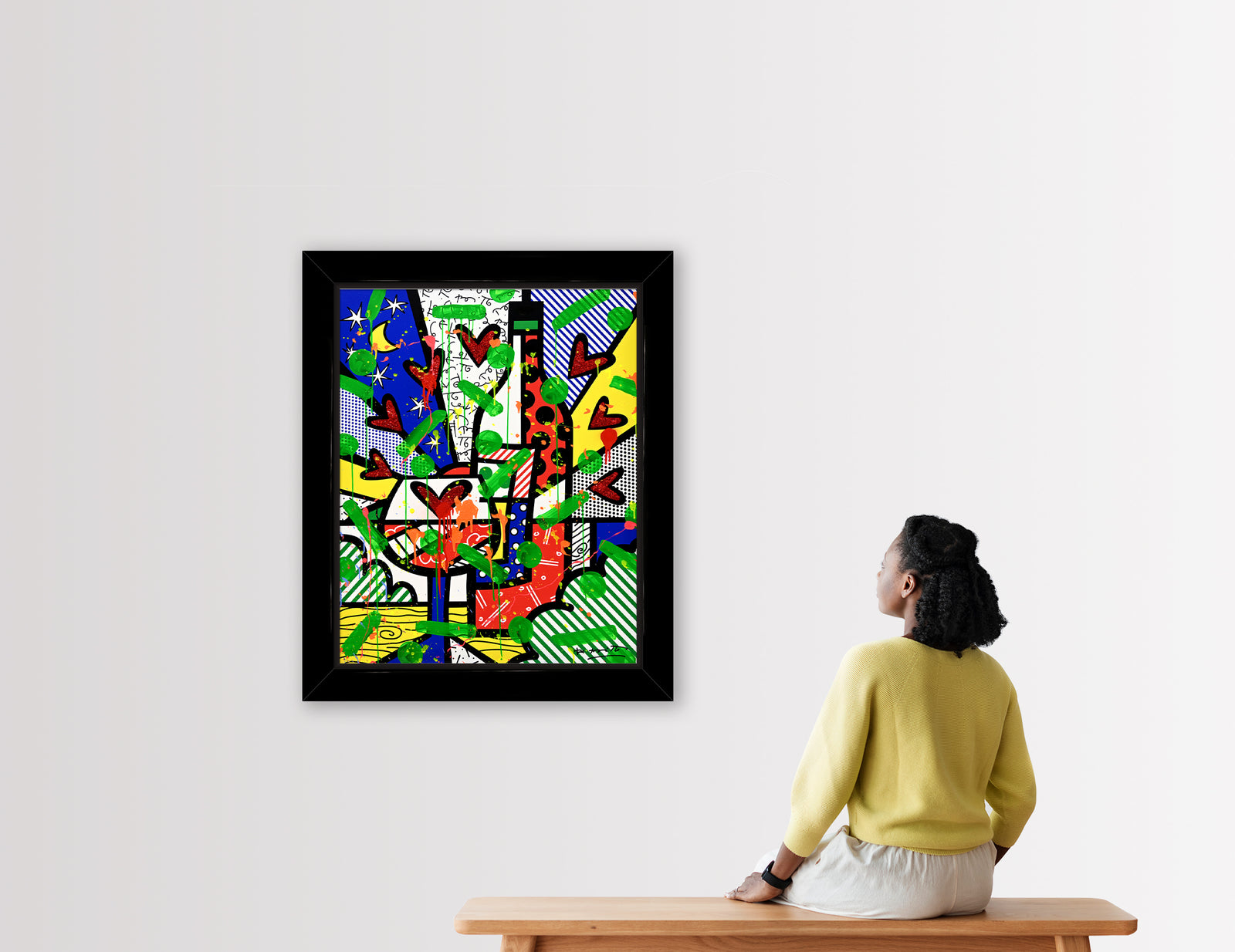 This image is a colorful, abstract artwork featuring bottles and hearts. The background includes patterns like stripes, polka dots, and starry elements. Bright colors such as red, blue, yellow, and green are used, with splashes of green and orange paint adding a dynamic touch.  mixed media original Romero Britto art Pop Art wine art