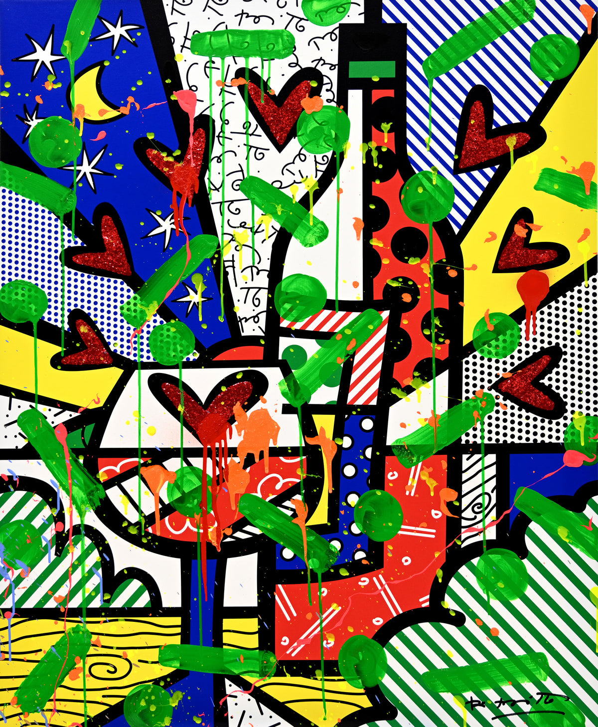 This image is a colorful, abstract artwork featuring bottles and hearts. The background includes patterns like stripes, polka dots, and starry elements. Bright colors such as red, blue, yellow, and green are used, with splashes of green and orange paint adding a dynamic touch.  mixed media original Romero Britto art Pop Art wine art