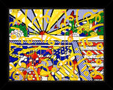 This image is a colorful, abstract artwork featuring a sunburst pattern at the top with rays extending outward. The background includes vibrant patterns like polka dots, stripes, and various shapes. Bright colors such as yellow, blue, red, and green are used, with yellow paint splashes and swirls adding a dynamic touch to the composition.  mixed media original Romero Britto art Pop Art sunrise pool