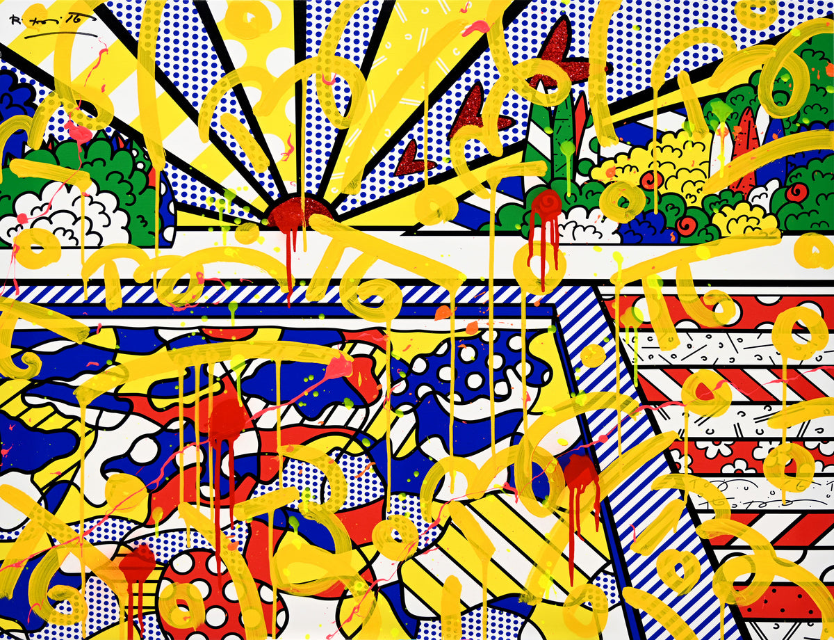 This image is a colorful, abstract artwork featuring a sunburst pattern at the top with rays extending outward. The background includes vibrant patterns like polka dots, stripes, and various shapes. Bright colors such as yellow, blue, red, and green are used, with yellow paint splashes and swirls adding a dynamic touch to the composition.  mixed media original Romero Britto art Pop Art sunrise pool
