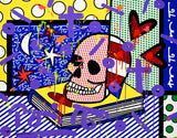   This image is a colorful, abstract artwork featuring a red and white skull on an open book. The background includes various patterns like polka dots, stripes, stars and crescent elements. Bright colors such as yellow, blue, green, and purple are used, with additional shapes and paint splashes adding a dynamic touch.  mixed media original Romero Britto art Pop Art Skull art