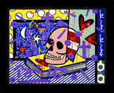  This image is a colorful, abstract artwork featuring a red and white skull on an open book. The background includes various patterns like polka dots, stripes, stars and crescent elements. Bright colors such as yellow, blue, green, and purple are used, with additional shapes and paint splashes adding a dynamic touch.  mixed media original Romero Britto art Pop Art Skull art