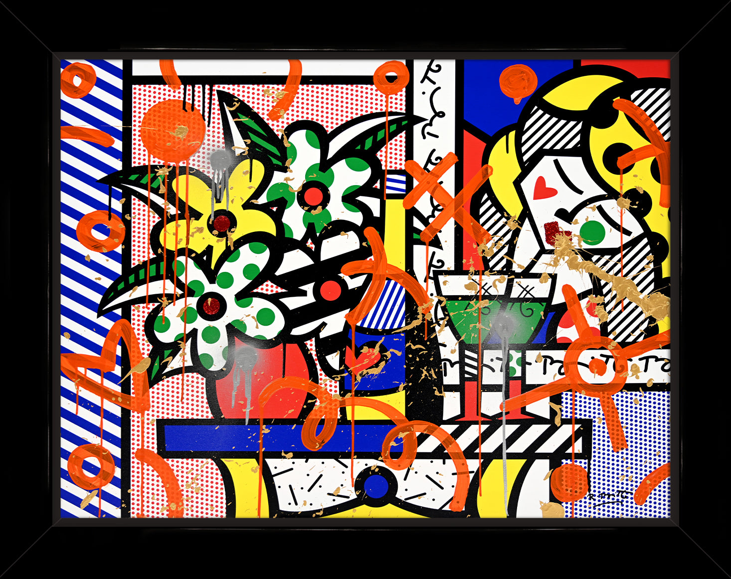 This image is a colorful, abstract artwork featuring a vase of flowers, woman, cups of wine, a heart, and various hearts, lines, and circles. The background includes patterns like polka dots and stripes. Bright colors such as blue, green, yellow, red, and orange are used, with additional splashes of paint and dynamic shapes adding a lively touch to the art piece.  mixed media original Romero Britto art Pop Art flowers woman wine