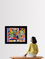 This image is a colorful, abstract artwork featuring a vase of flowers, woman, cups of wine, a heart, and various hearts, lines, and circles. The background includes patterns like polka dots and stripes. Bright colors such as blue, green, yellow, red, and orange are used, with additional splashes of paint and dynamic shapes adding a lively touch to the art piece.  mixed media original Romero Britto art Pop Art flowers woman wine