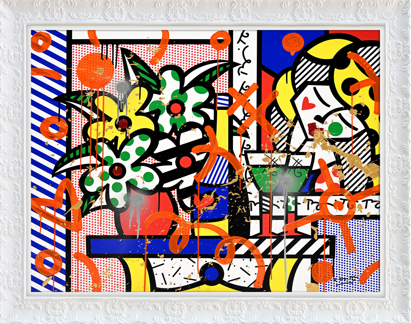 Romero Britto flowers bouquet mixed media original  contemporary pop art piece