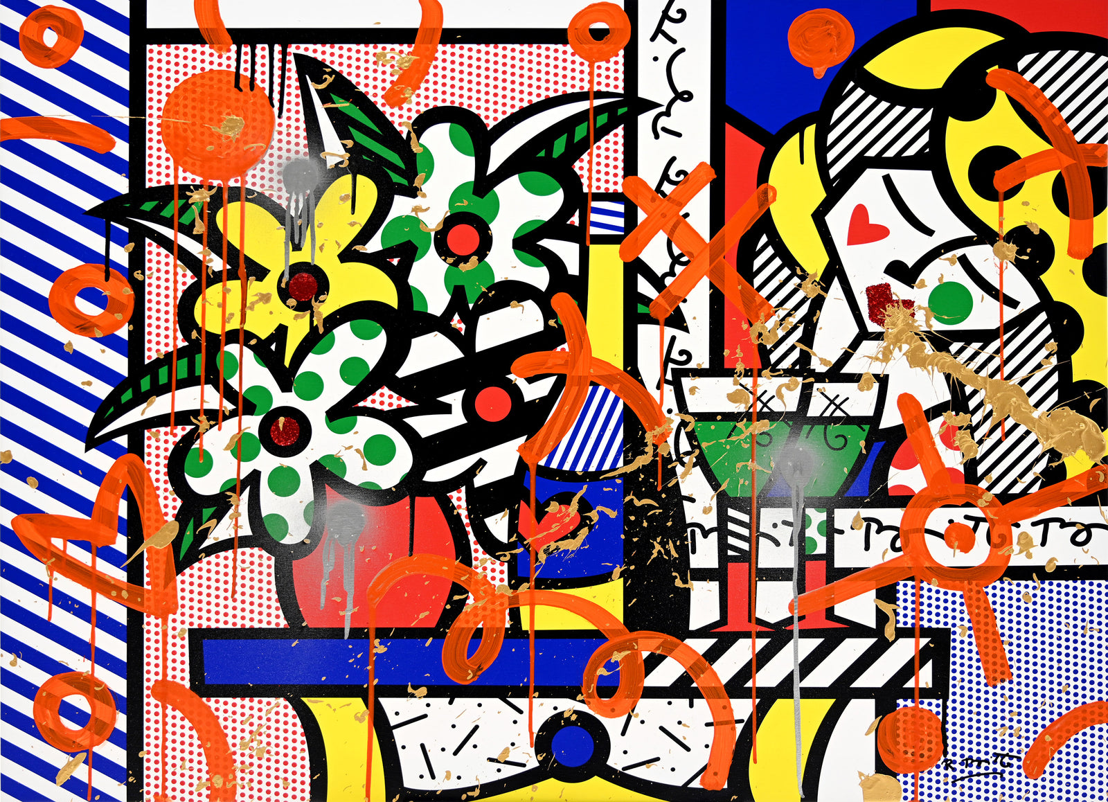 This image is a colorful, abstract artwork featuring a vase of flowers, woman, cups of wine, a heart, and various hearts, lines, and circles. The background includes patterns like polka dots and stripes. Bright colors such as blue, green, yellow, red, and orange are used, with additional splashes of paint and dynamic shapes adding a lively touch to the art piece.  mixed media original Romero Britto art Pop Art flowers woman wine