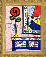 This image is a colorful, abstract artwork featuring a red rose on a night stand by a framed painting. The background includes a red tiny polka dots pattern against a white background. Bright colors such as blue, green, yellow, red, are used, with additional splashes of teal, red and yellow  paint adding a lively touch to the art piece.  mixed media original Romero Britto art Pop Art rose flowers girly simple 