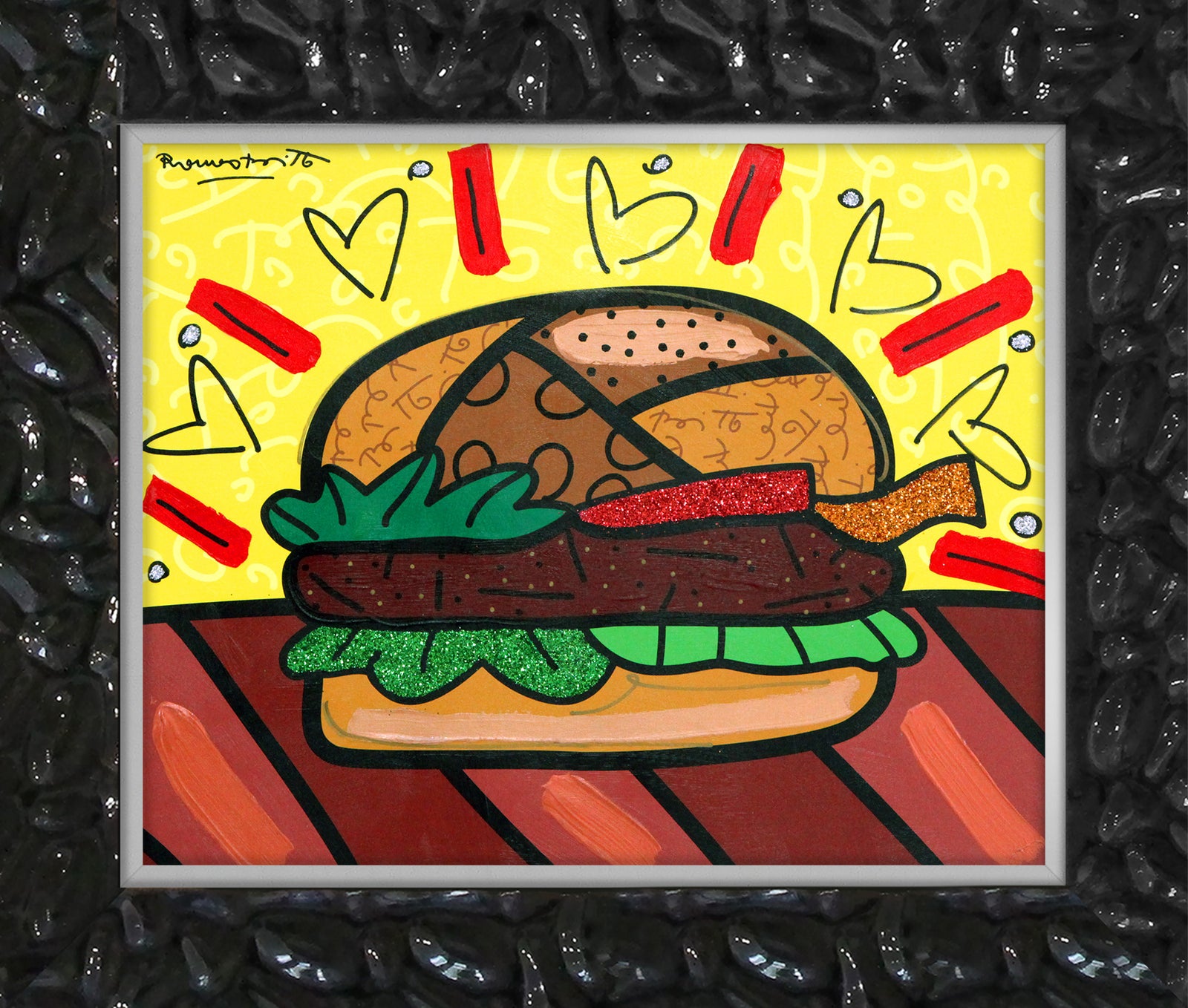 Romero Britto burger mixed media original  contemporary pop art piece