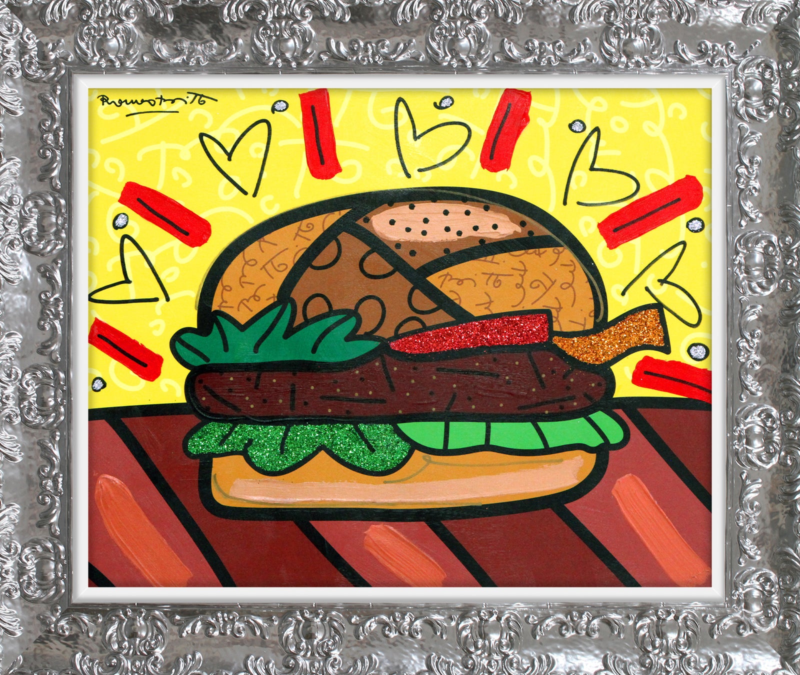 Romero Britto burger mixed media original  contemporary pop art piece