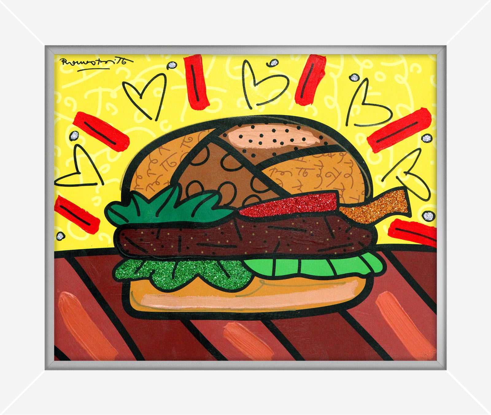 Romero Britto burger mixed media original  contemporary pop art piece