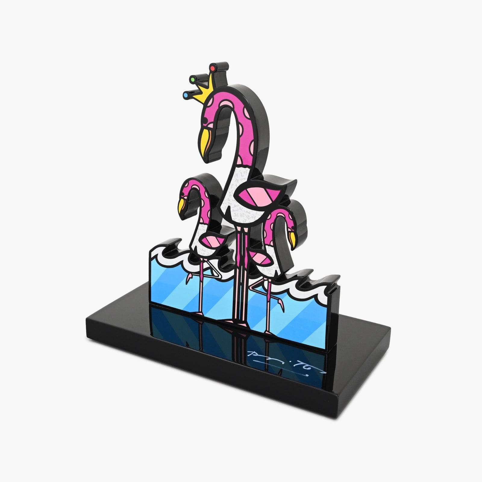 Side profile of hand signed Flamingos contemporary art sculpture by Romero Britto