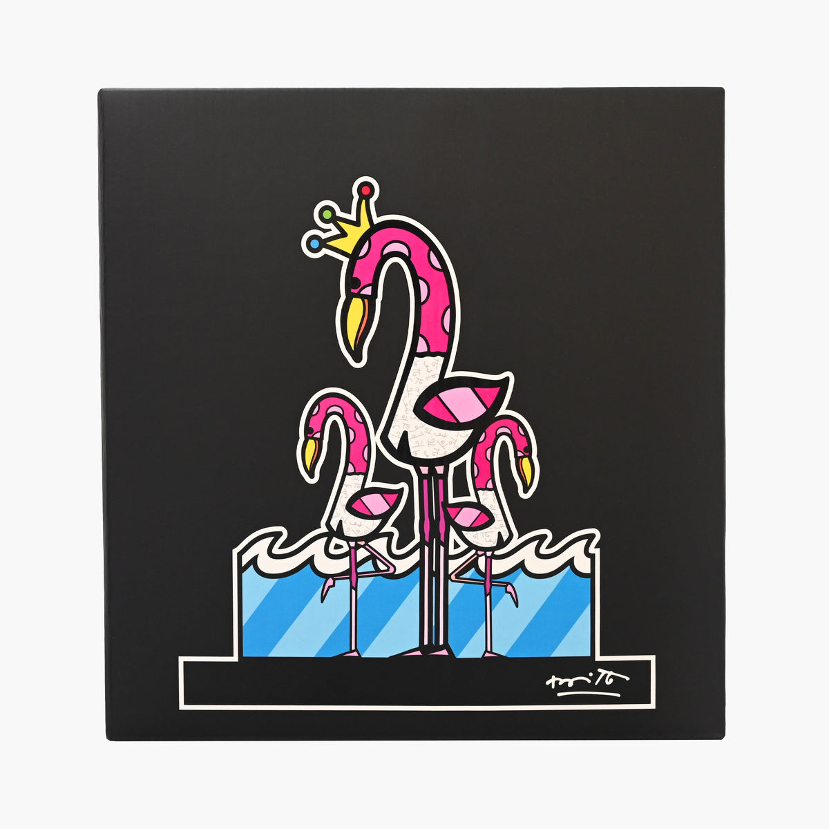 Original Romero Britto Studio packaging for Flamingos limited edition sculpture