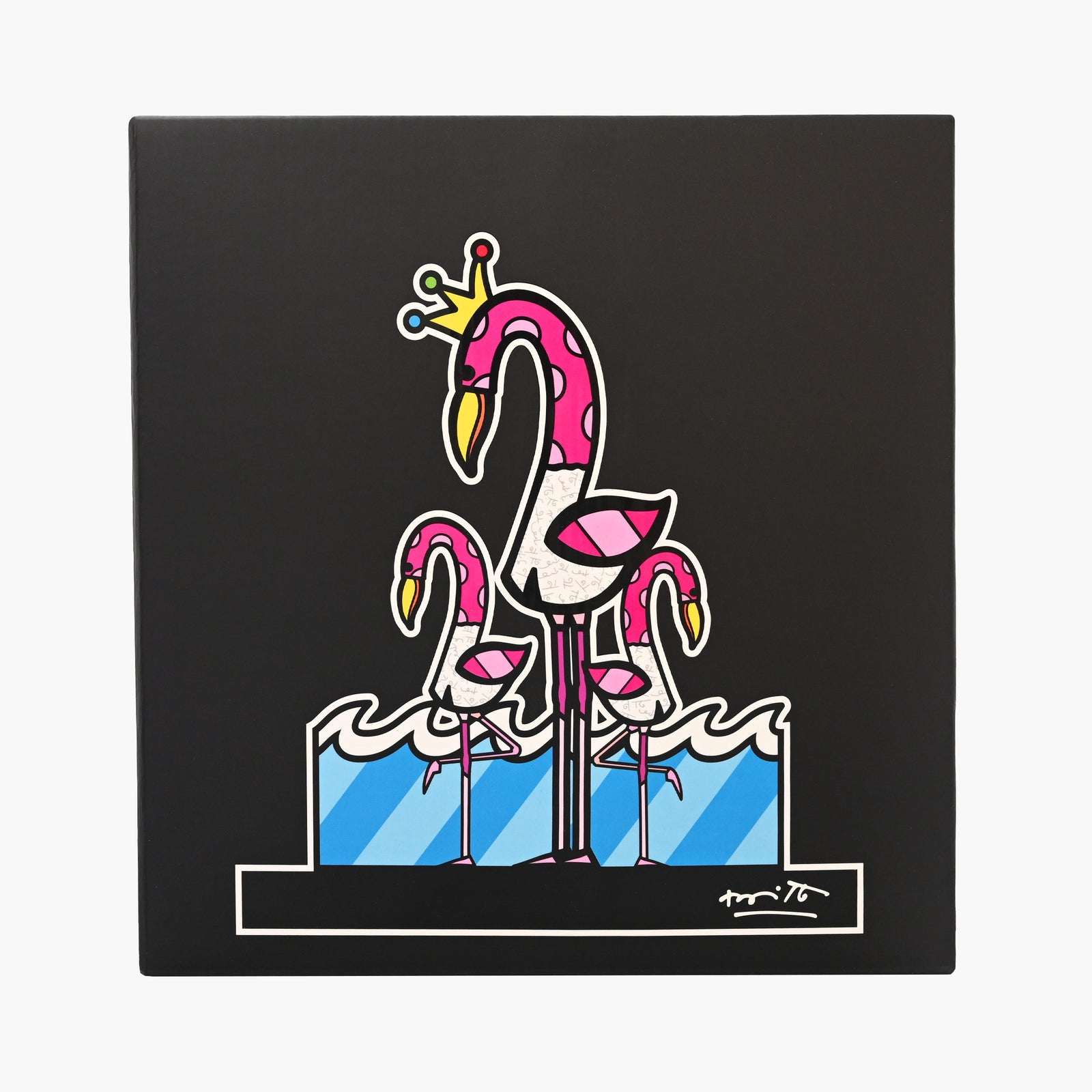 Original Romero Britto Studio packaging for Flamingos limited edition sculpture