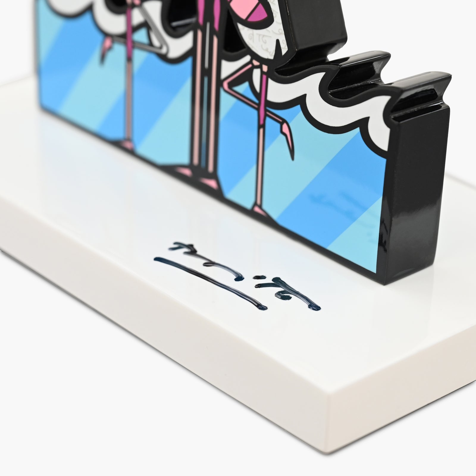 Hand signed signature on limited edition Flamingos sculpture by Romero Britto