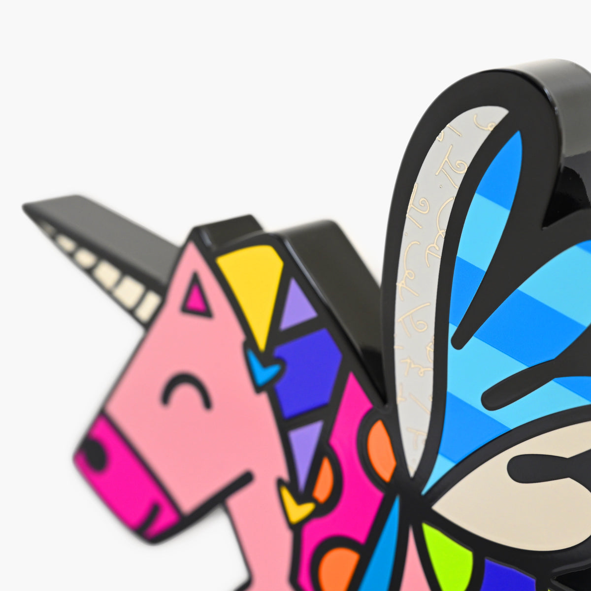 Close-up detail of Romero Britto Unicorn fine art sculpture showing vibrant colors