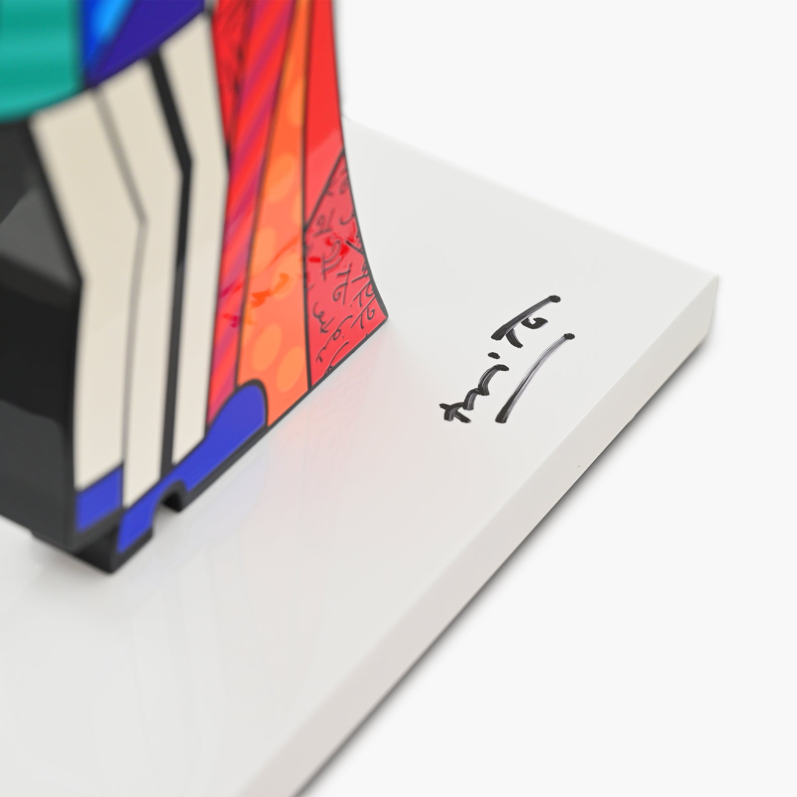 Hand signed signature on limited edition Love Is Love sculpture by Romero Britto