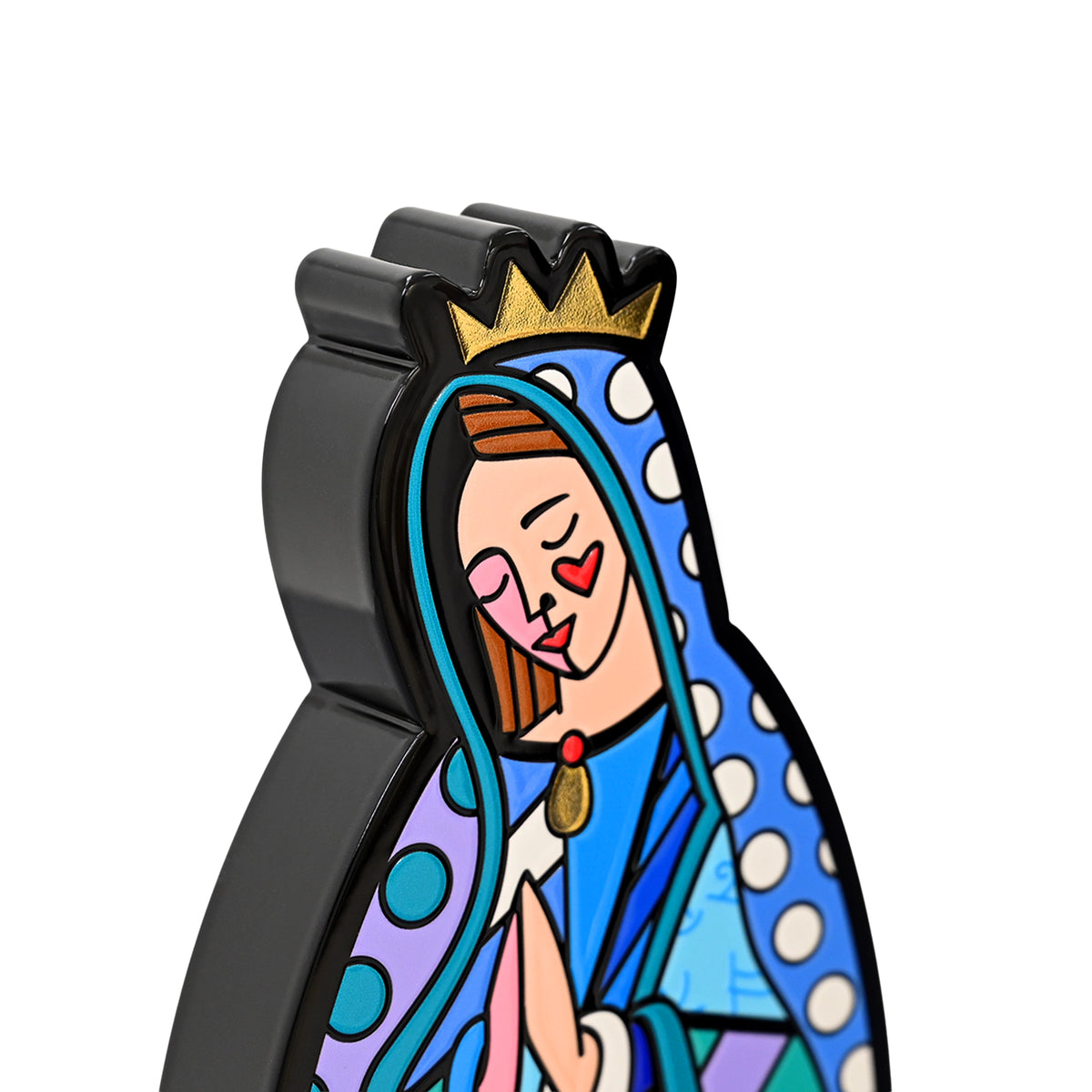 Close-up detail of Romero Britto Virgin Mary fine art sculpture showing texture and color
