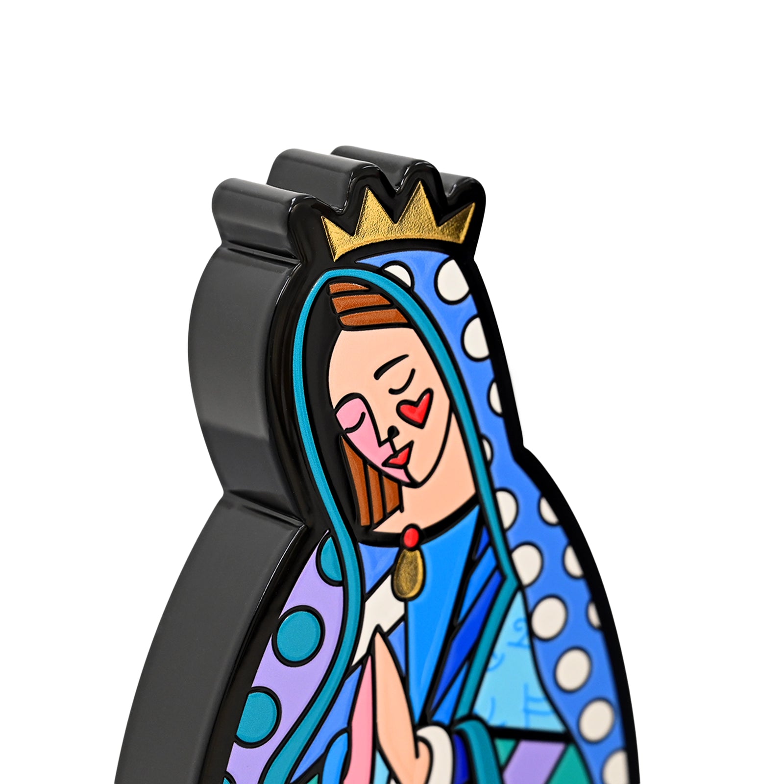 Close-up detail of Romero Britto Virgin Mary fine art sculpture showing texture and color