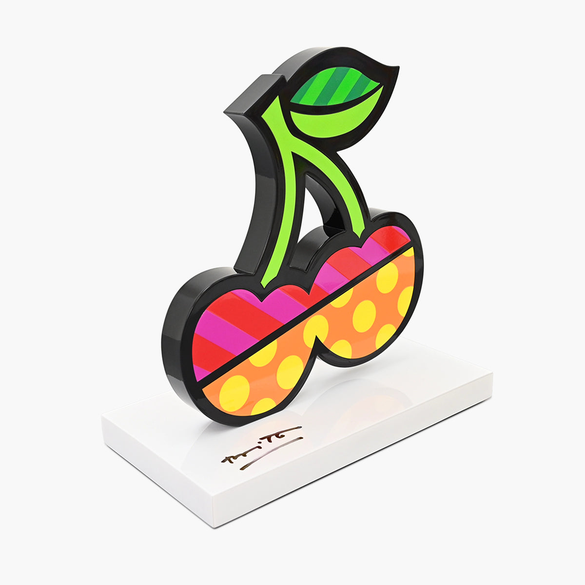 Side profile of hand signed Cherries contemporary art sculpture by Romero Britto