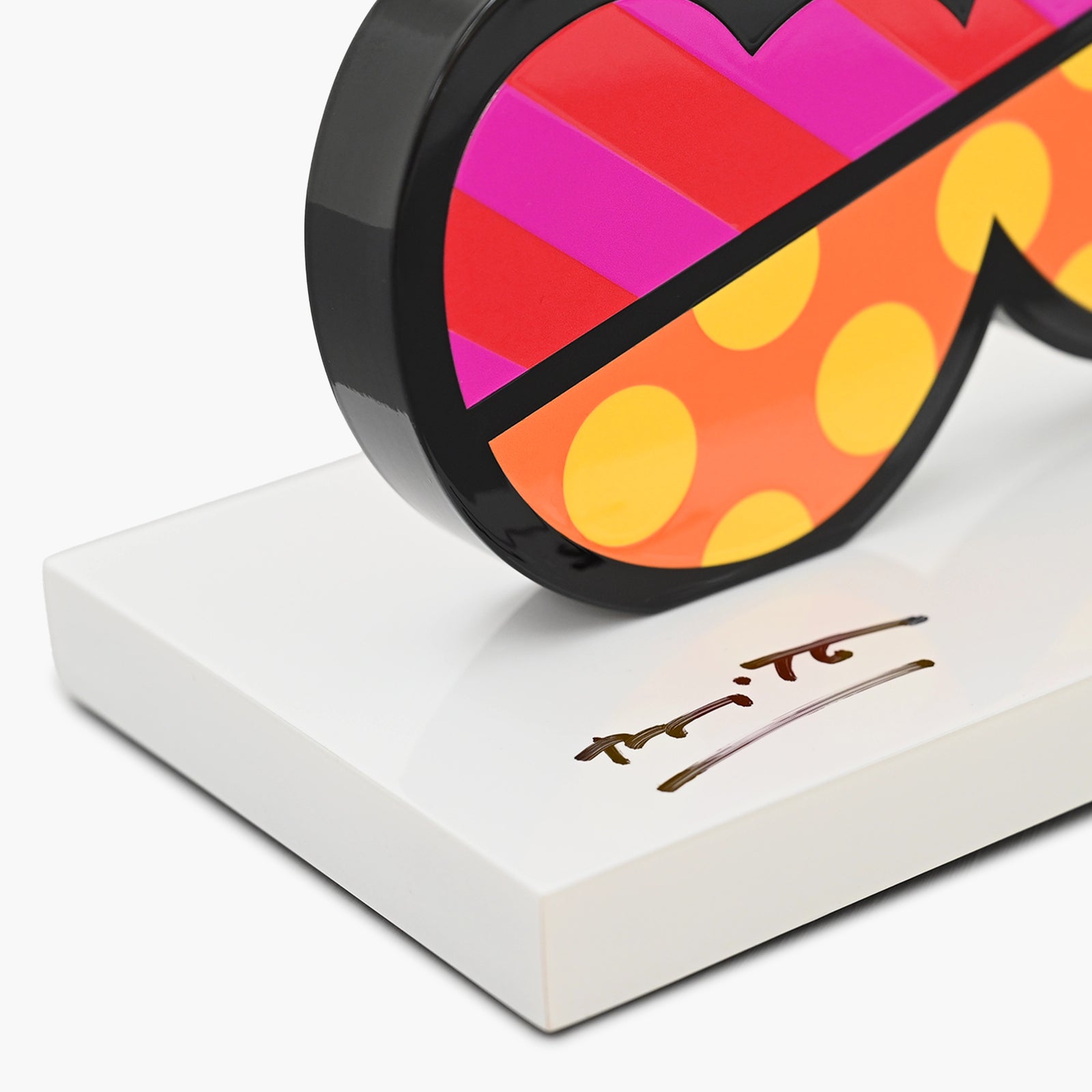 Hand signed signature on limited edition Cherries sculpture by Romero Britto