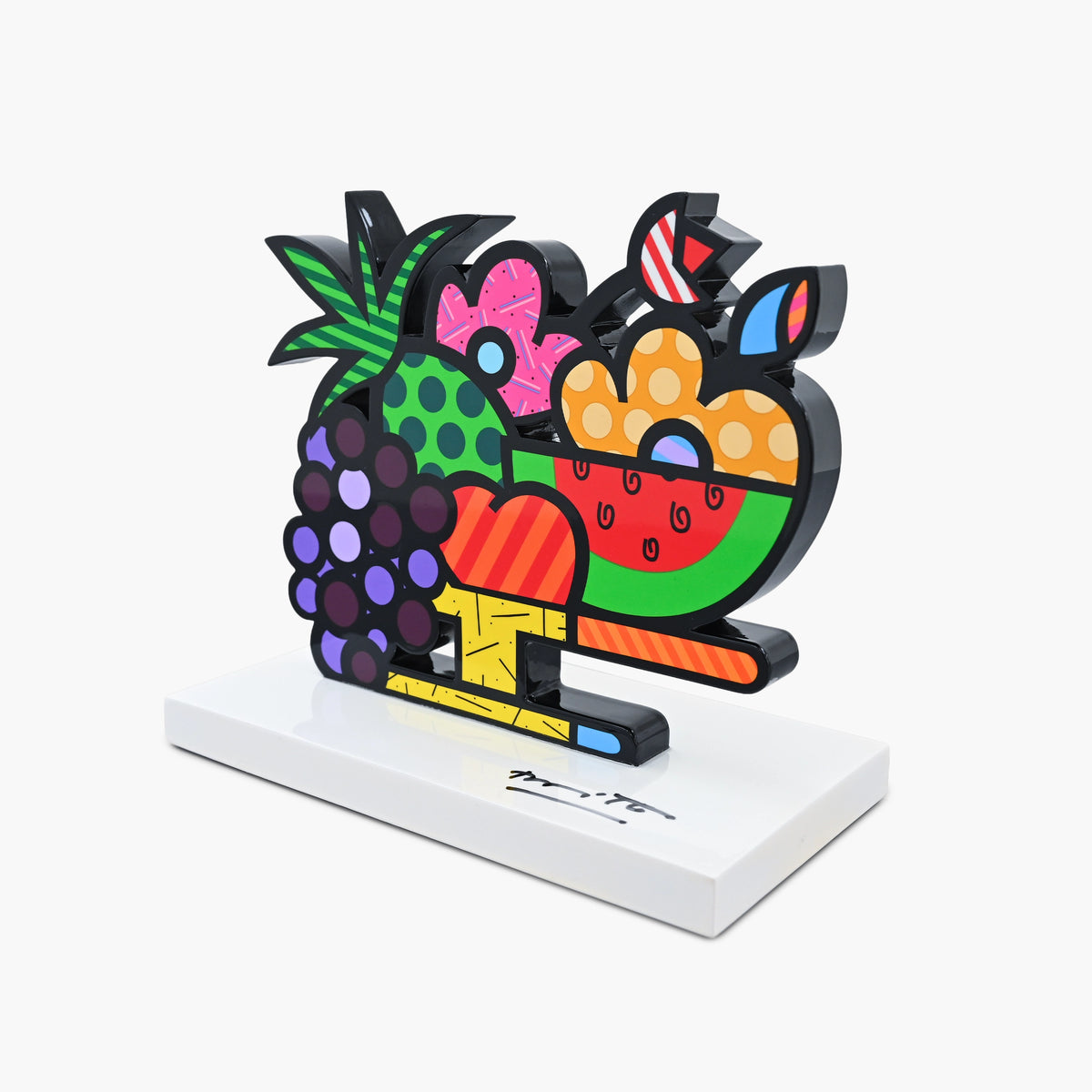 Side profile of hand signed Fruit Bowl contemporary art sculpture by Romero Britto