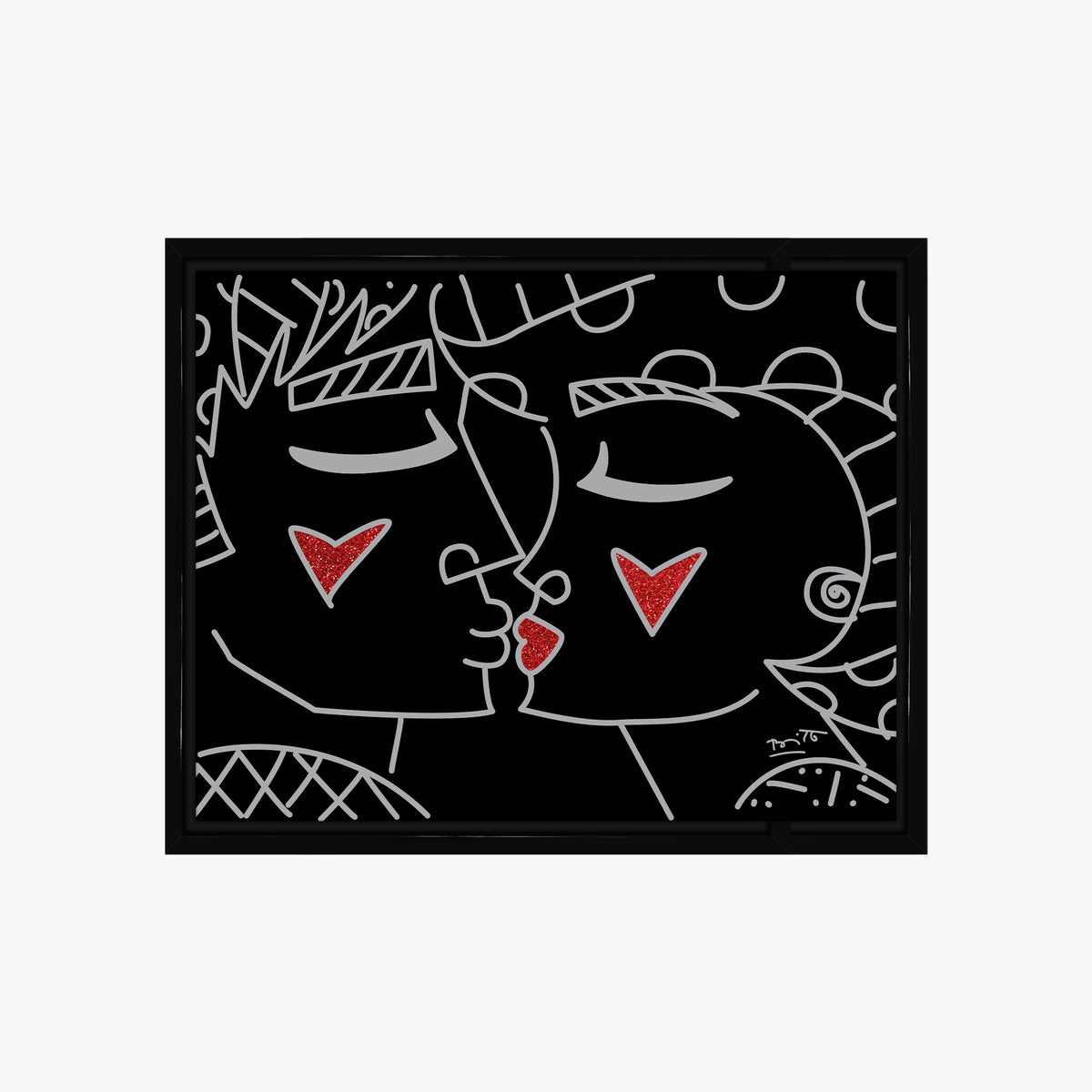 Romero Britto two red hearts red lips  contemporary pop art piece