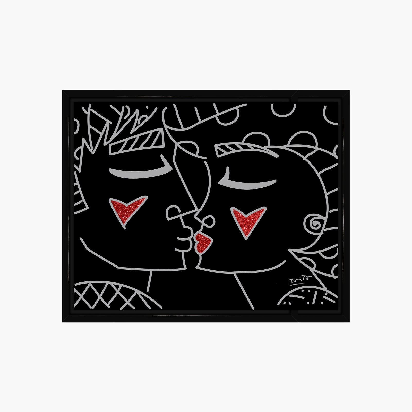 Romero Britto two red hearts red lips  contemporary pop art piece