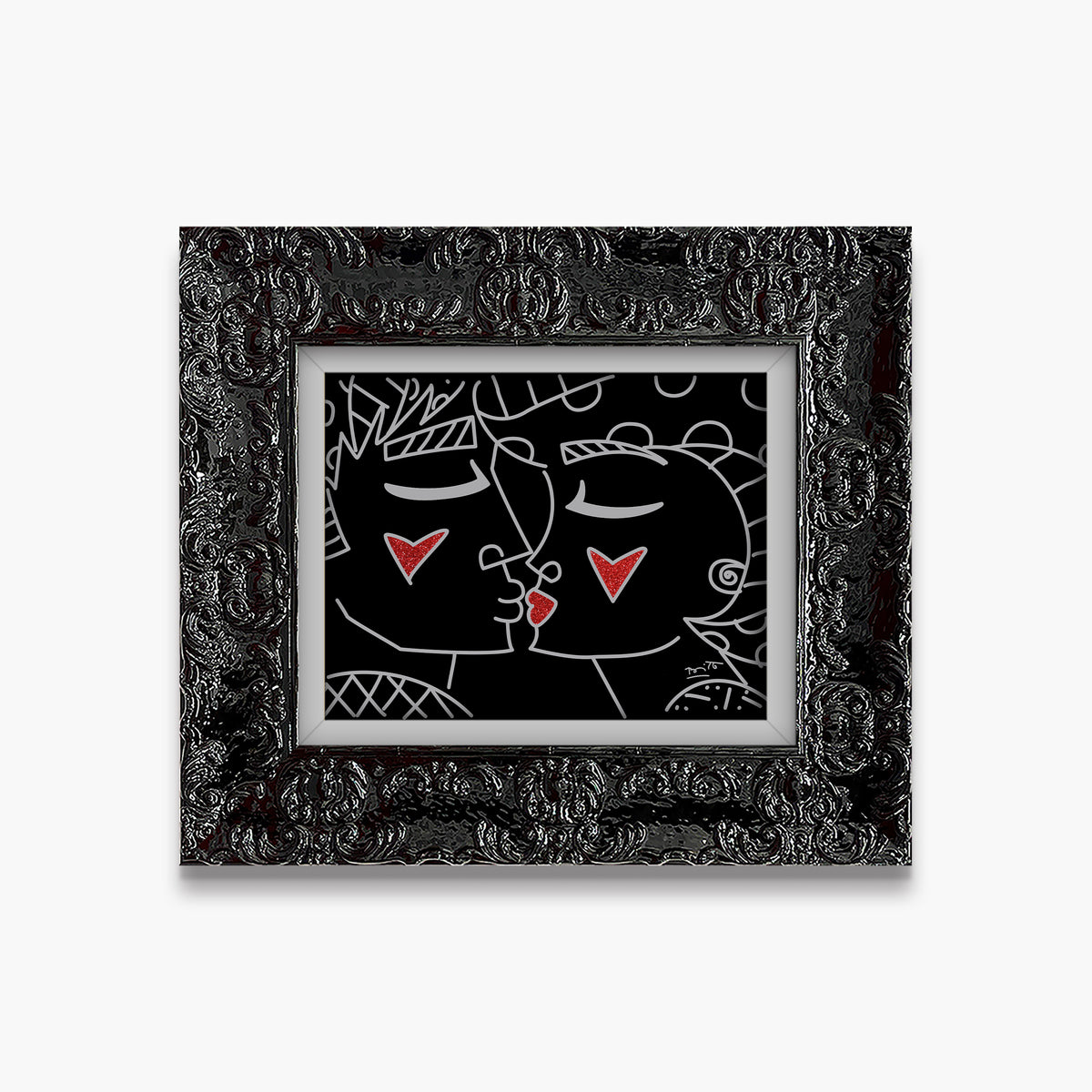 Romero Britto two red hearts red lips  contemporary pop art piece