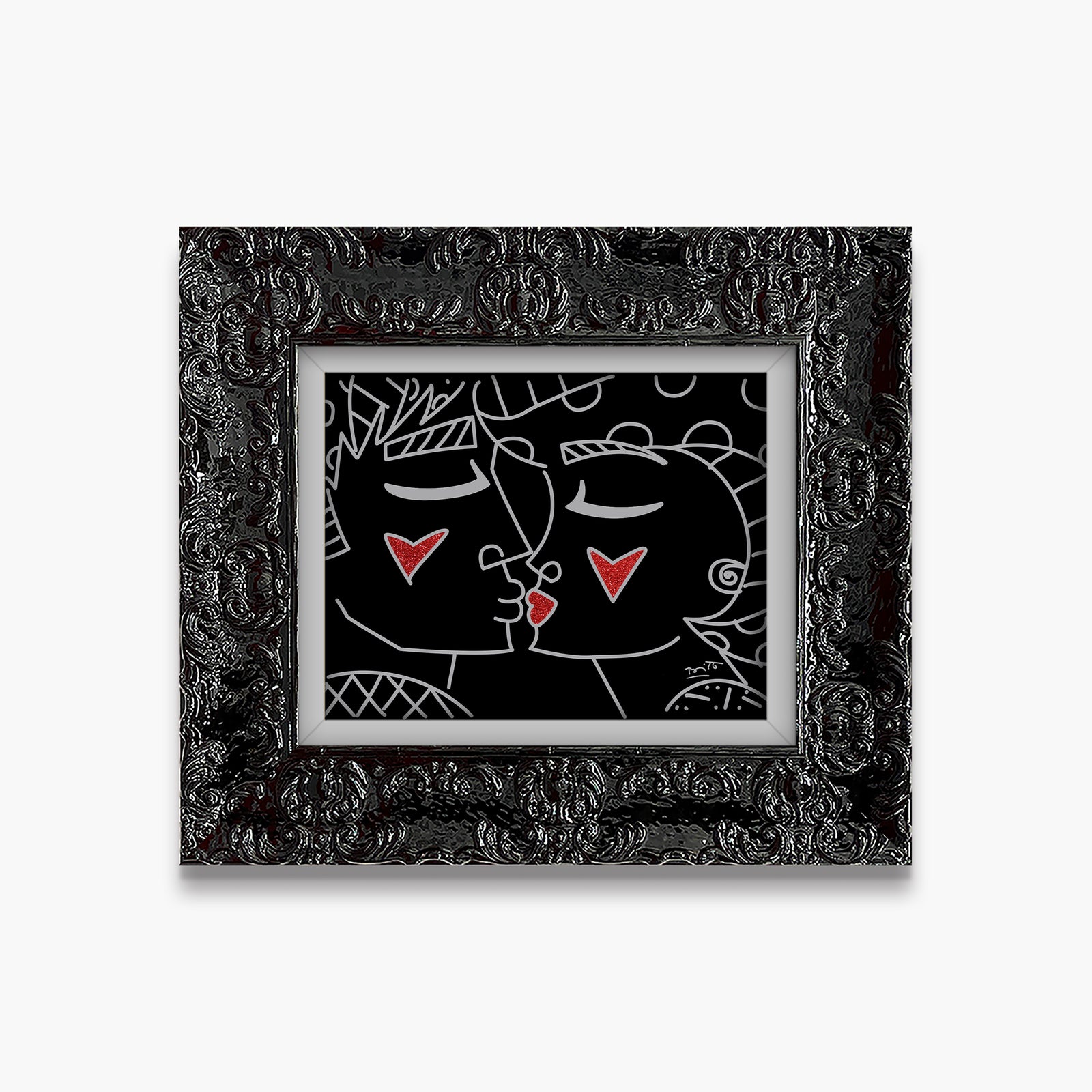 Romero Britto two red hearts red lips  contemporary pop art piece