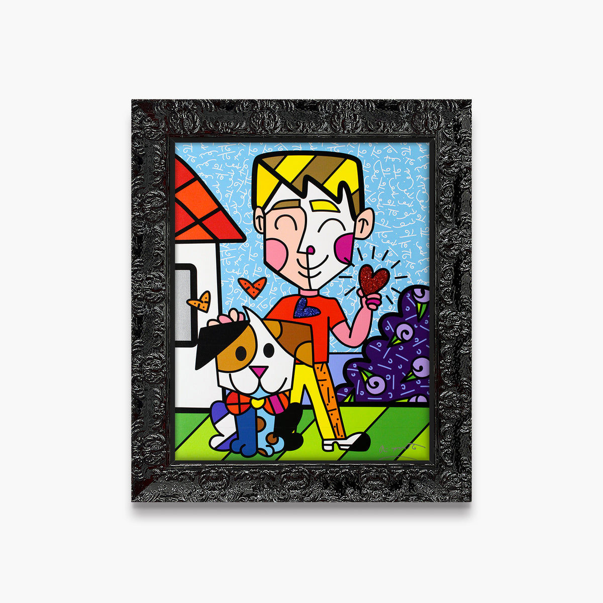 Romero Britto boy and his dog limited  contemporary pop art piece