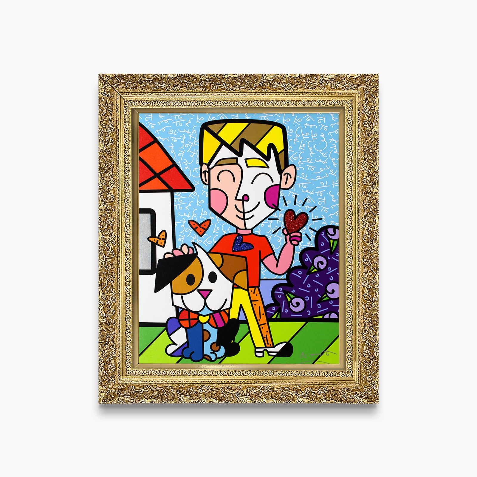 Romero Britto boy and his dog limited  contemporary pop art piece