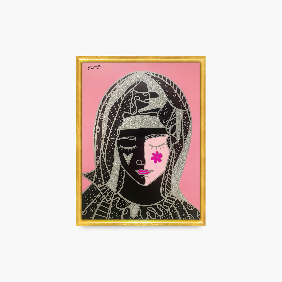 Romero Britto mother in pink silver limited  contemporary pop art piece