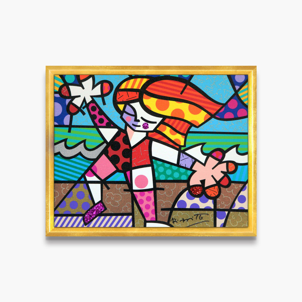 Romero Britto golden beach limited edition print  contemporary pop art piece