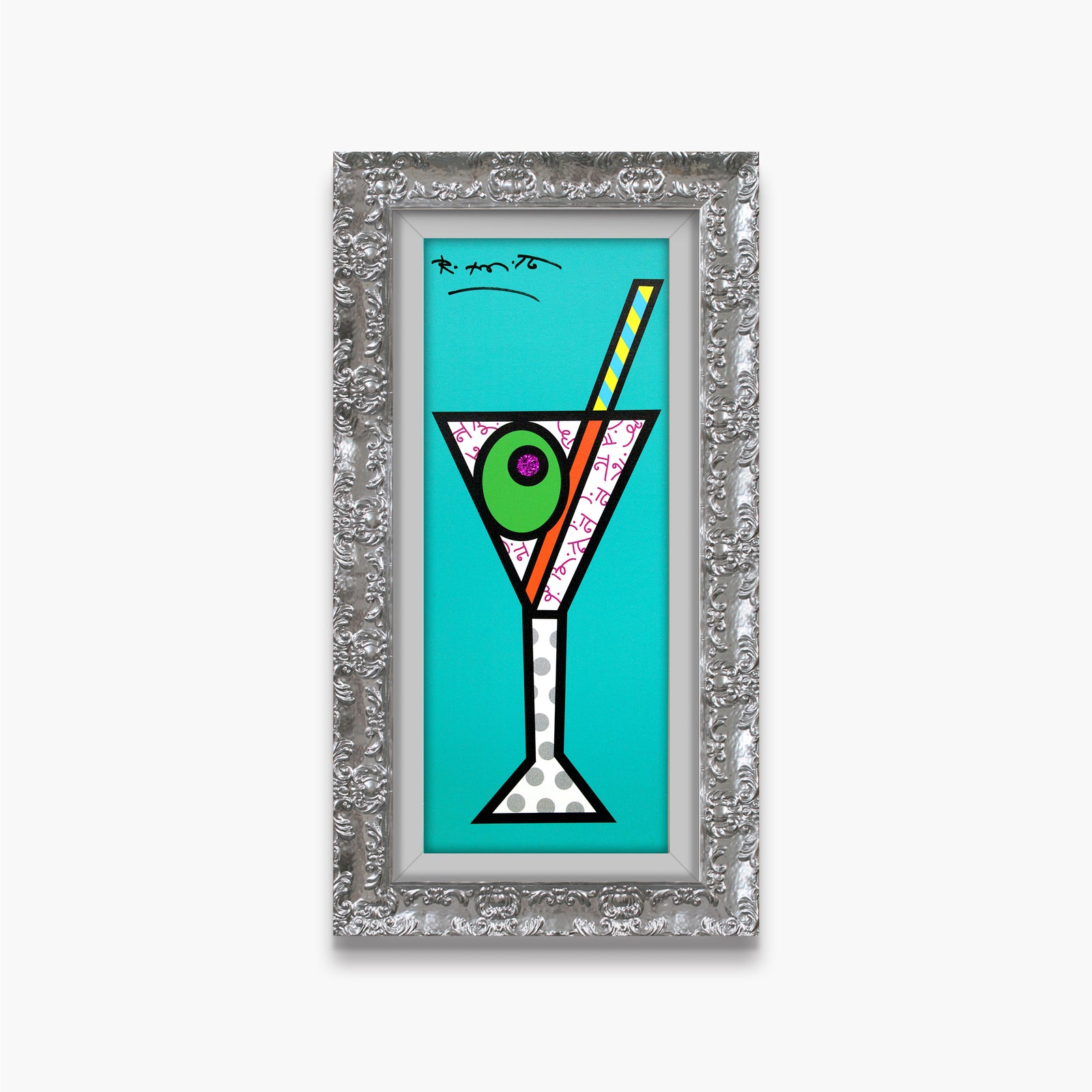 Romero Britto turquoise martini limited edition print  colorful pop art design