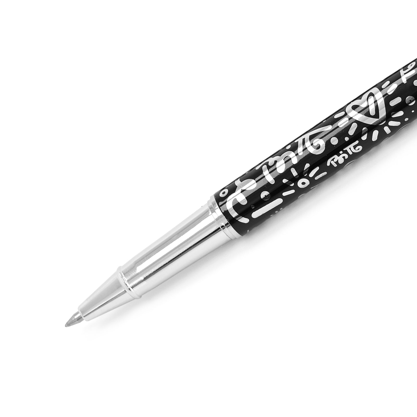 A silver pen with a black body featuring silver abstract patterns and the "Britto" logo around the middle.   Pens  FineTip  Black Ink  designer pen