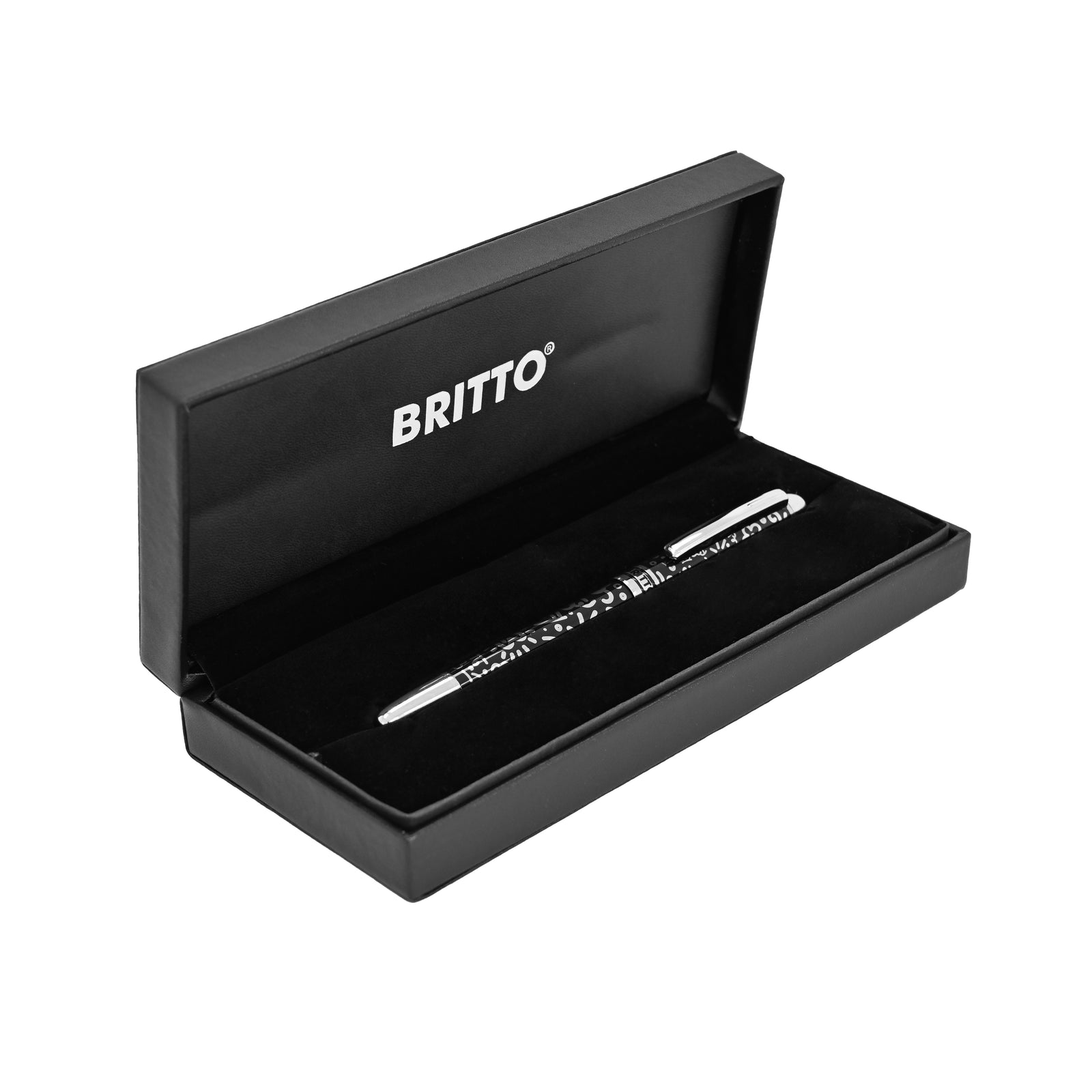 A silver pen with a black body featuring silver abstract patterns and the "Britto" logo around the middle.   Pens  FineTip  Black Ink  designer pen