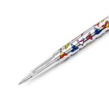A silver pen decorated with colorful heart patterns. The pen features the "Britto" logo around the cap. Colors used include red, yellow, blue, green, and black.  Pens  FineTip  Black Ink  designer pen
