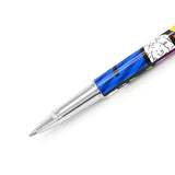 A silver pen featuring colorful abstract designs in shades of orange, red, yellow, green, and blue, along with the "Britto" logo around the middle.  Pens  Fine Tip  Black Ink  designer pen colorful landscape