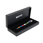 A silver pen featuring colorful abstract designs in shades of orange, red, yellow, green, and blue, along with the "Britto" logo around the middle.  Pens  Fine Tip  Black Ink  designer pen colorful landscape