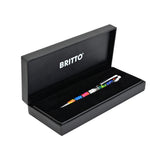 A silver pen featuring colorful abstract designs in shades of orange, red, yellow, green, and blue, along with the "Britto" logo around the middle.  Pens  Fine Tip  Black Ink  designer pen colorful landscape