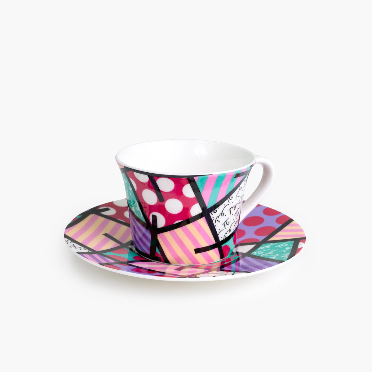 Pink Teal Landscape Britto Tea Cup &amp; Saucer Plate