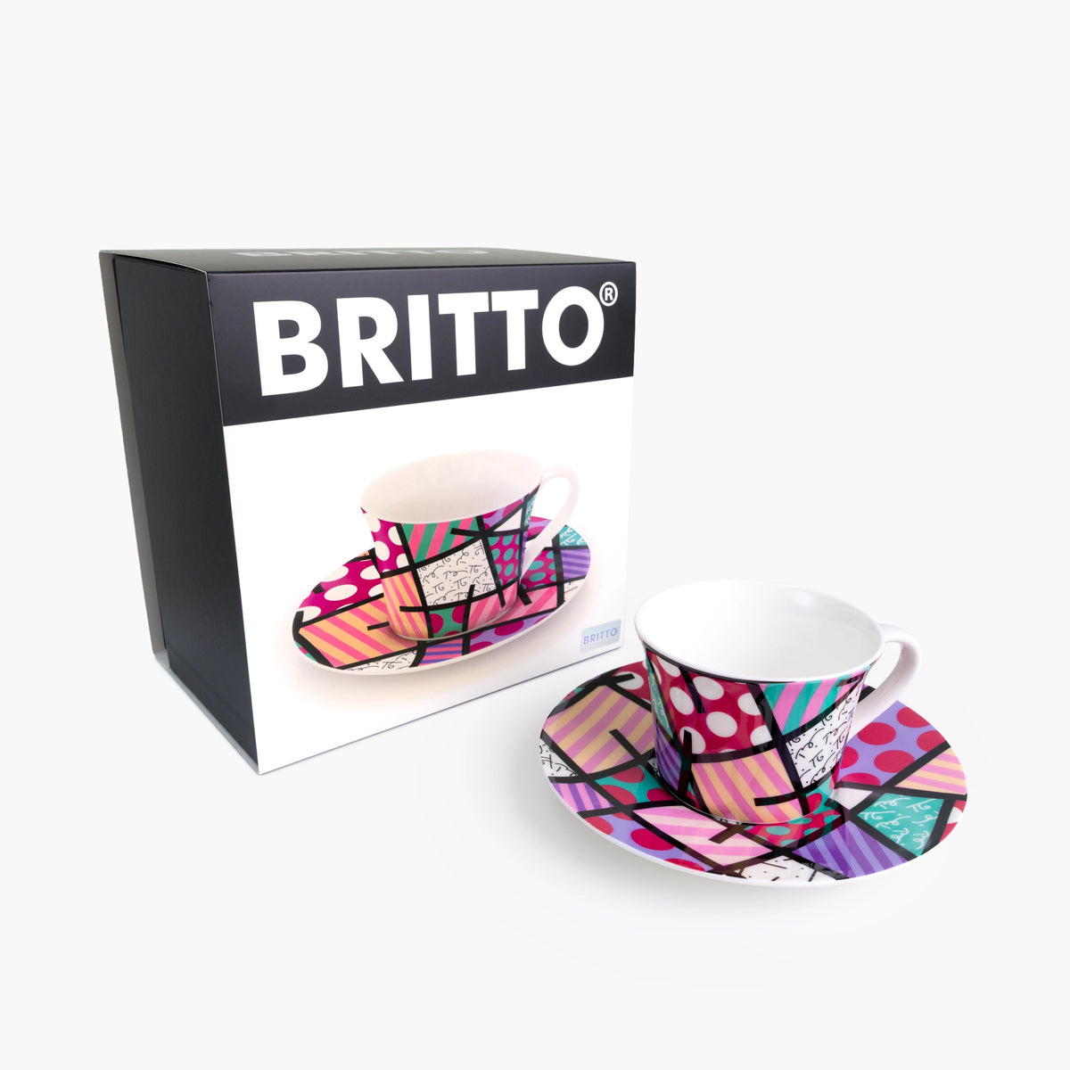 Pink Teal Landscape Britto Tea Cup & Saucer Plate