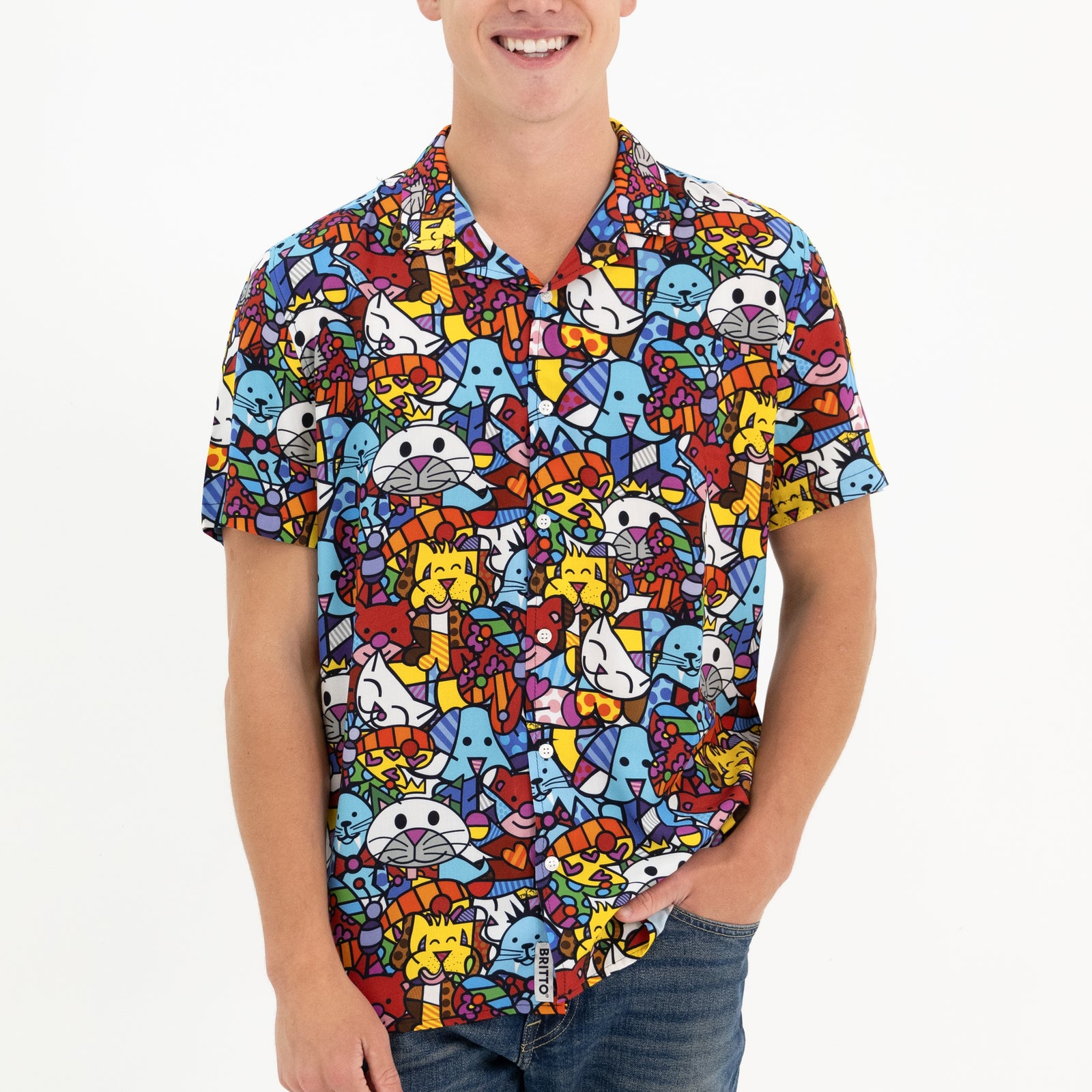 Romero Britto britto mens short sleeve button  colorful pop art design